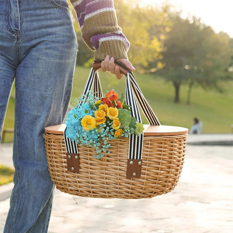 Crestone Wicker Cooler Picnic Basket Set For 2 With Double Wooden Lids